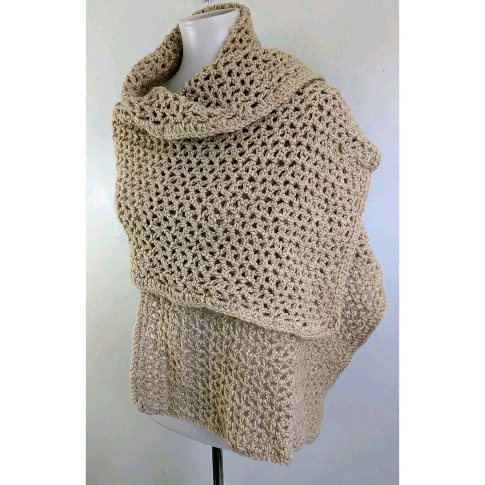 Handmade Crochet Knit Scarf Wide Beige Tan Neck Wrap Soft Boho Neutral Cottage